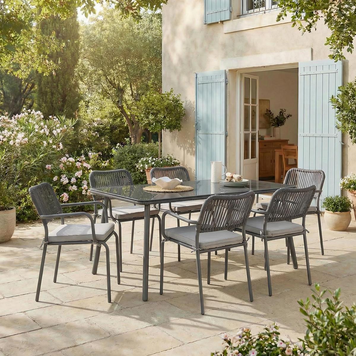GARTENMÖBEL SET VOLONTE 7er Set grau, schwarz - Grau, Glas/Metall - IDIMEX