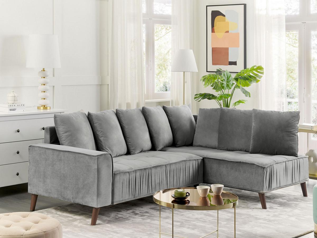 3-SITZER-ECKSOFA Samtstoff Hellgrau rechtsseitig Grena - Hellgrau, Textil (231/152cm) - Beliani