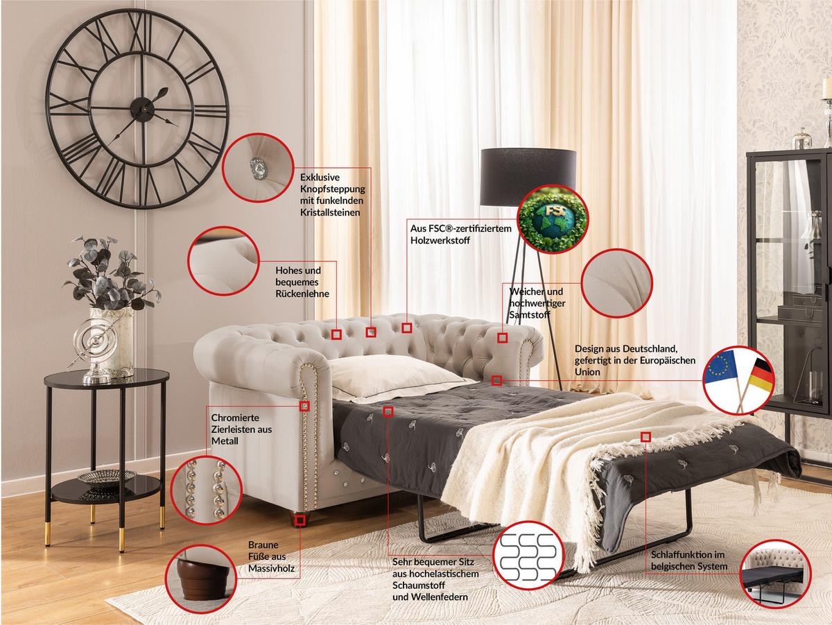 CHESTERFIELD-SOFA 2-Sitzer mit Schlaffunktion Cleo Blink Beige Samt mit Kristallsteppung und braunen Massivholzfüßen - Beige/Braun, Holz/Textil (148/72/86cm) - S-Style Möbel