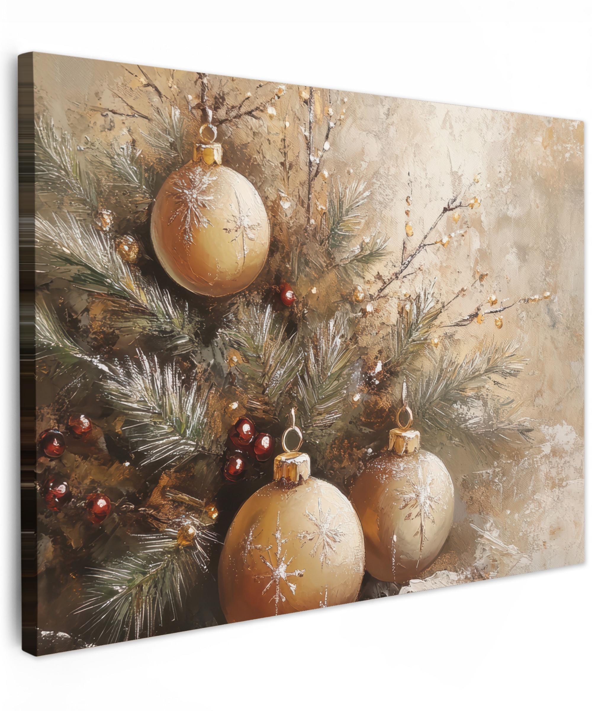 LEINWANDBILD Weihnachten - Kugeln - Beige - Gold Wandbild 40x30 cm - Goldfarben, Textil (40/30cm) - MuchoWow