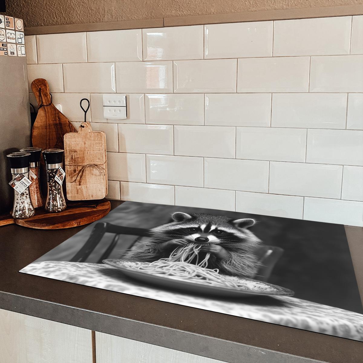 HERDABDECKPLATTE Waschbär - Niedlich - Pasta - Tischtuch - Schwarz - Weiß Ceranfeldabdeckung 76x51.5 cm - Grau, Kunststoff (76/51.5/0.2cm) - MuchoWow