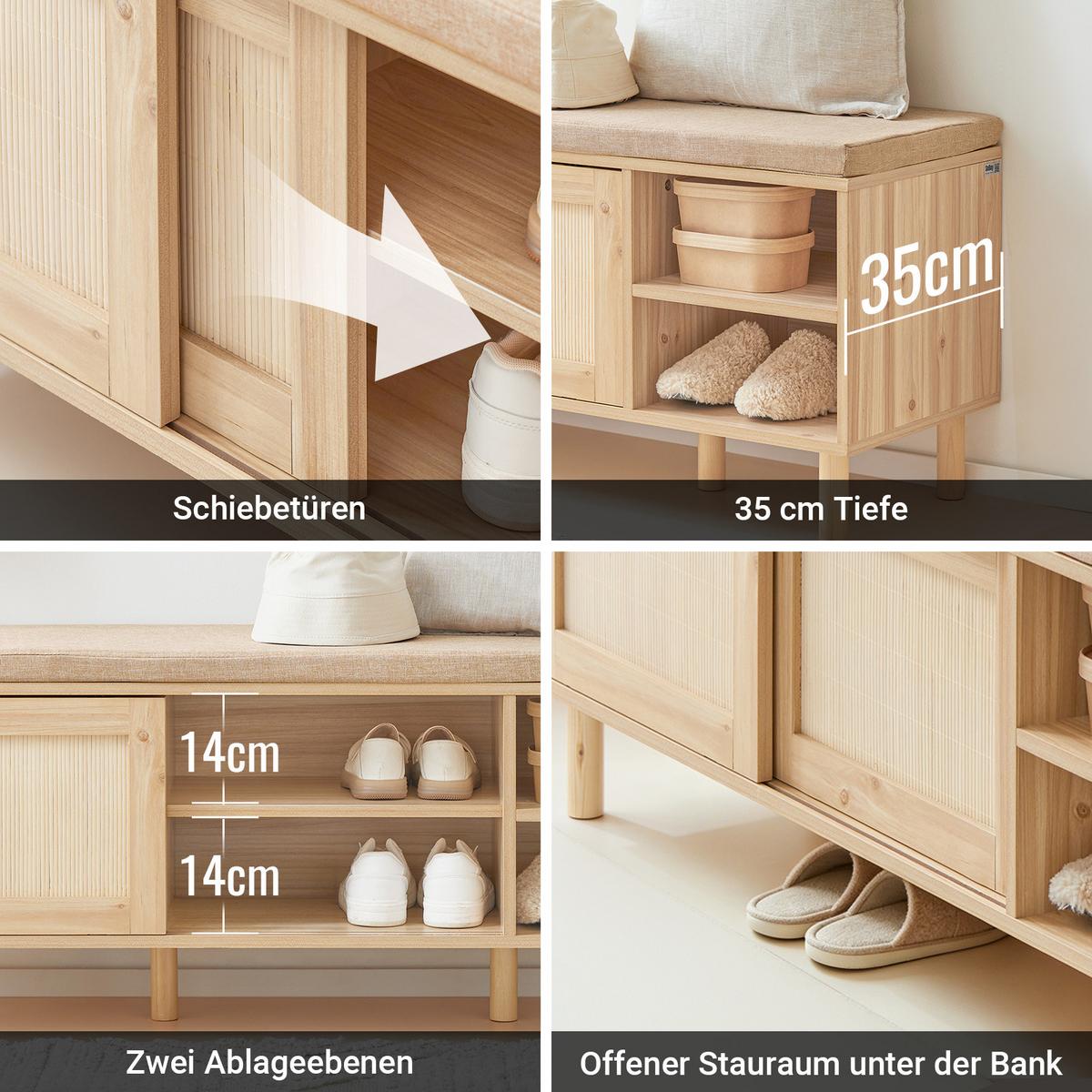 SITZBANK mit Stauraum, Natur, 121x49x35cm, 6 Fächer, Sitzkissen, für Flur, Diele und Schlafzimmer - Naturfarben, Naturmaterialien/Holzwerkstoff (121/49/35cm) - SoBuy