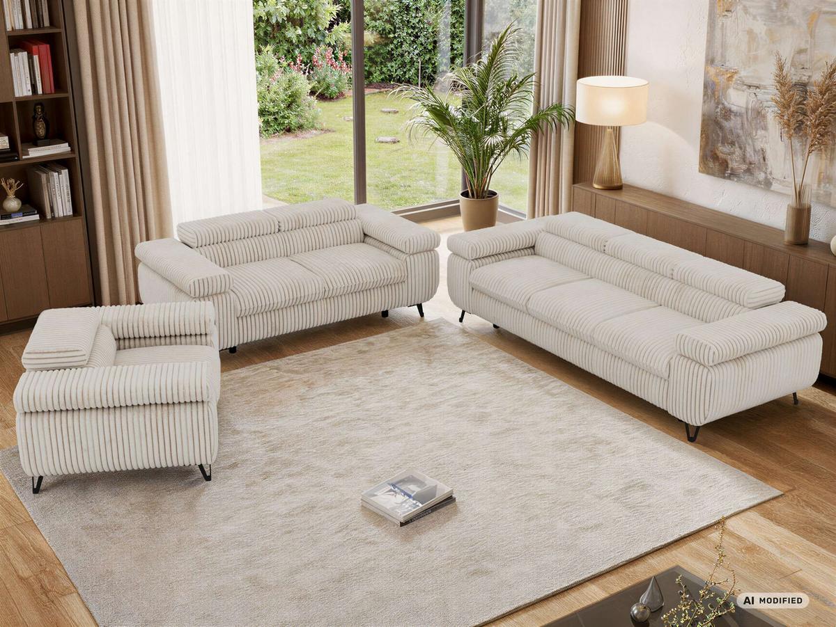 SITZGARNITUR PETER 1+2+3 - Beige Cord - Beige/Creme, Textil/Metall (262/76/99cm) - MKS