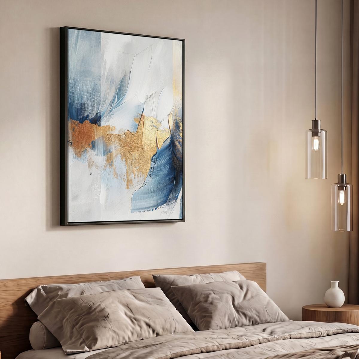LEINWAND Bilder mit Rahmen - Gold - Blau - Aquarell - Kunst - Modern - 70x100 - Hellblau, Textil (70/100cm) - MuchoWow