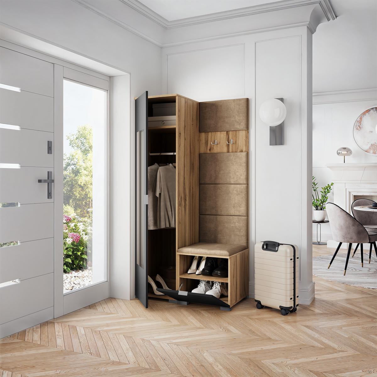 GARDEROBENSCHRANK VIRA 95/181/51 cm Modern Garderobe-Set Eiche Wotan - Eiche Wotan/Schwarz, Holzwerkstoff (95/181/51cm) - MASSENO