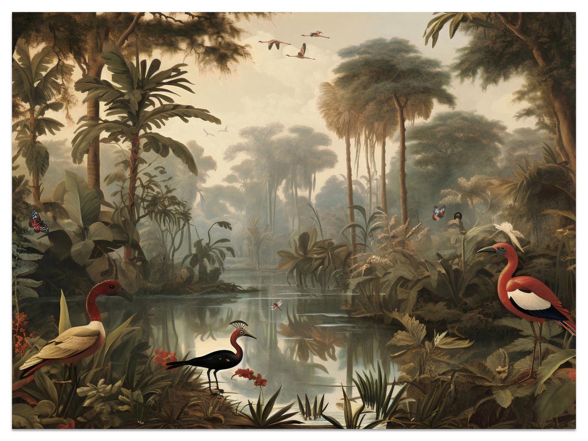 FOTOTAPETE Dschungel Tropische Pflanzen Vögel 350x256 - Gelb/Beige, Papier (350/256cm) - Muralo