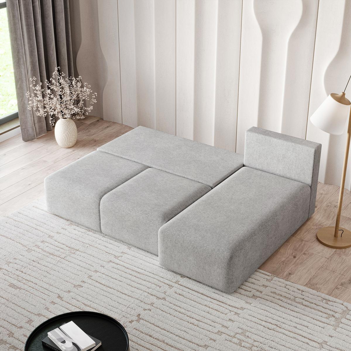 ECKSOFA TRAMA Hellgrau Geflochtener Stoff mit Schlaffunktion - Hellgrau, Holz (200/143cm) - MASSENO