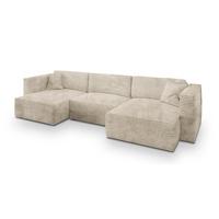 WOHNLANDSCHAFT SARMO Creme Kordstoff mit Schlaffunktion - Creme/Grau, Holz/Kunststoff (347/90/148cm) - MASSENO