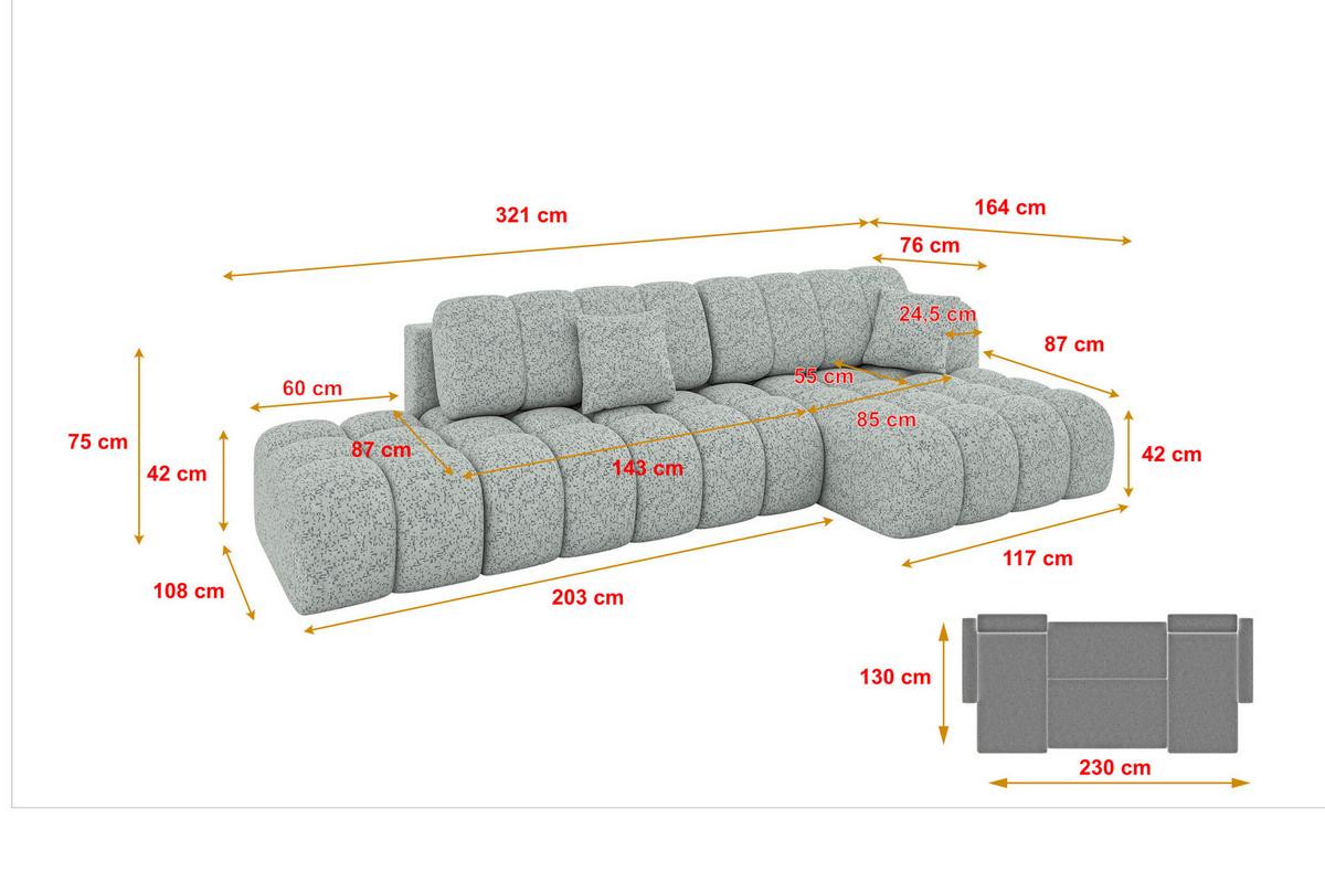 ECKSOFA mit Schlaffunktion Ottomane RECHTS OLEA-L2 321x164x75 Grün Tissu - Smaragdgrün/Schwarz, Holzwerkstoff/Kunststoff (164/321cm) - ALTDECOR