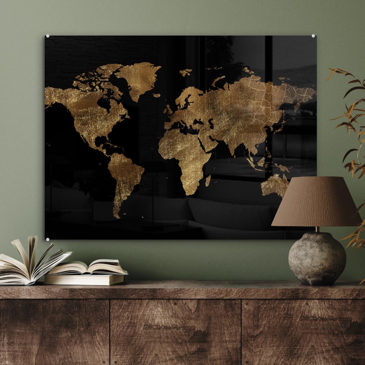 ACRYLGLASBILD Weltkarte - Gold - Luxus - Erde - Schwarz 80x60 cm - Goldfarben, Glas (80/60cm) - MuchoWow
