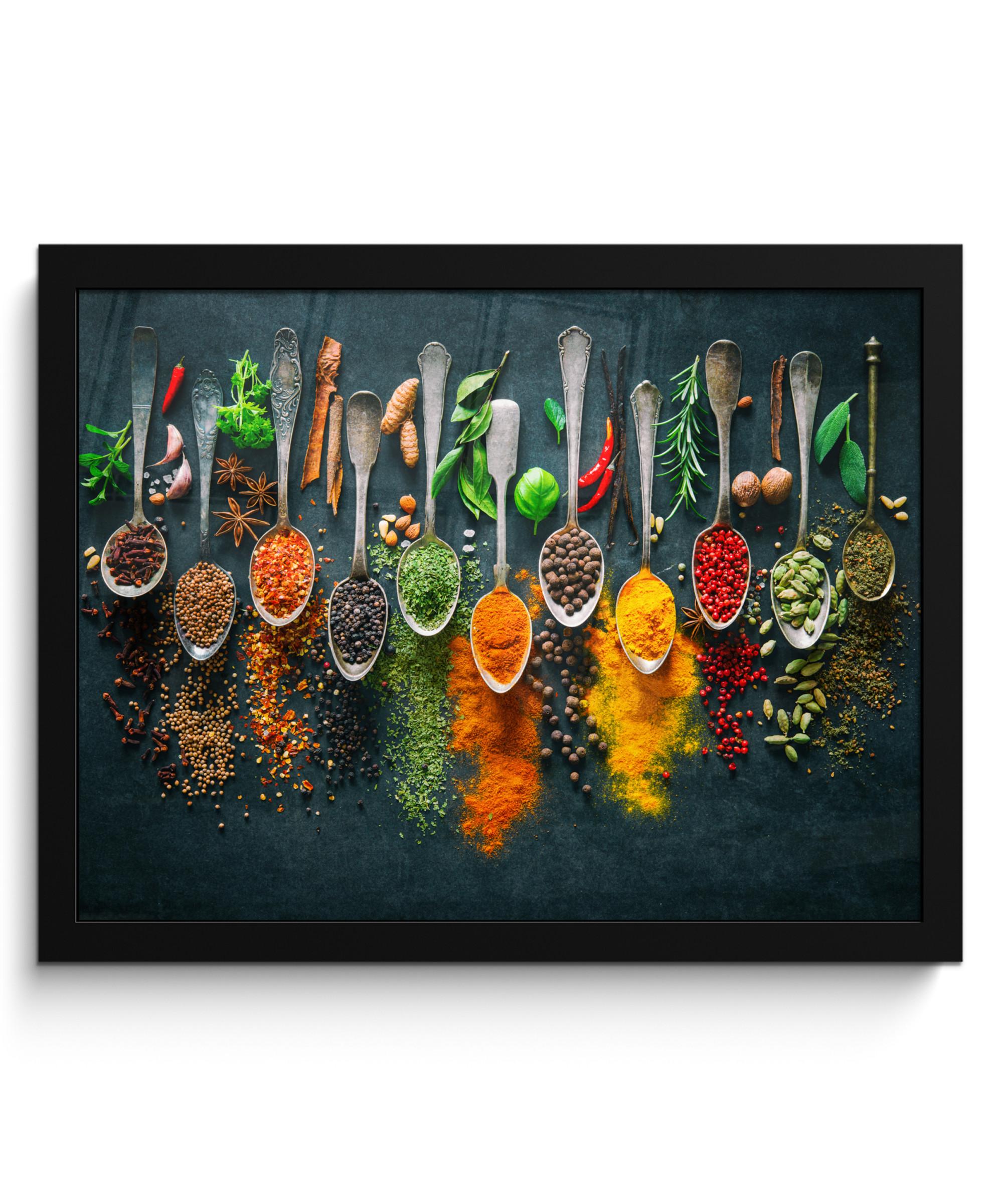 POSTER MIT RAHMENGERAHMTES BILD Kräuter - Gewürze - Löffel 40x30 cm - Currygelb, Papier (40/30cm) - MuchoWow