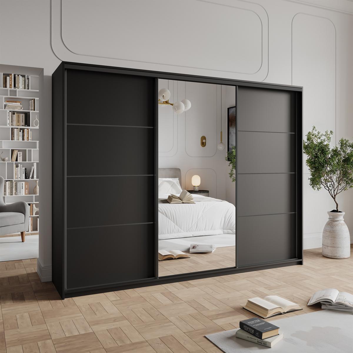SCHWEBETÜRENSCHRANK VARO 270/205/60 cm 3-türig mit Spiegel Schwarz - Schwarz, Holzwerkstoff (270/205/60cm) - MASSENO