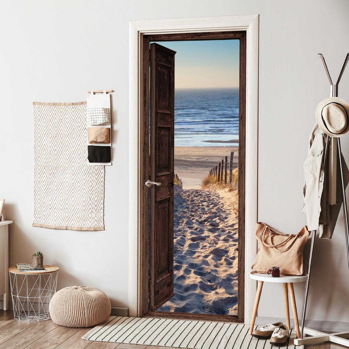 TÜRAUFKLEBER Durchblick - Strand - Meer - Weg - Dünen 90x235 cm - Türtapete - Sandfarben, Kunststoff (90/0.1cm) - MuchoWow