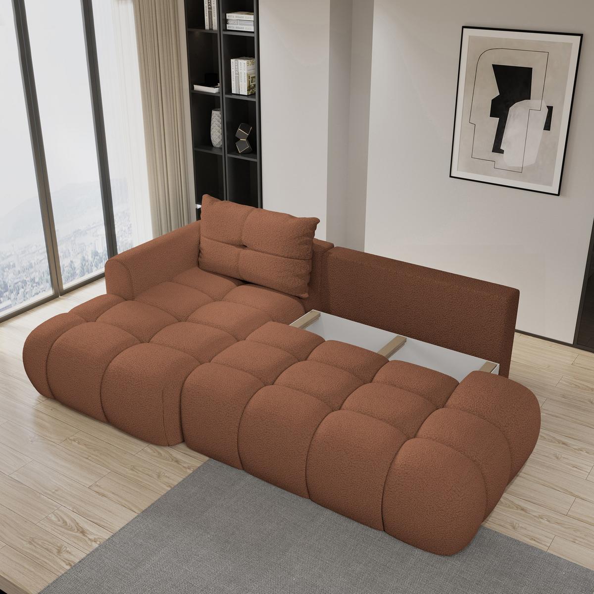 ECKSOFA FLUMA L-S Kupferfarben Boucle-Stoff mit Schlaffunktion - Kupferfarben, Holz (279/158cm) - MASSENO
