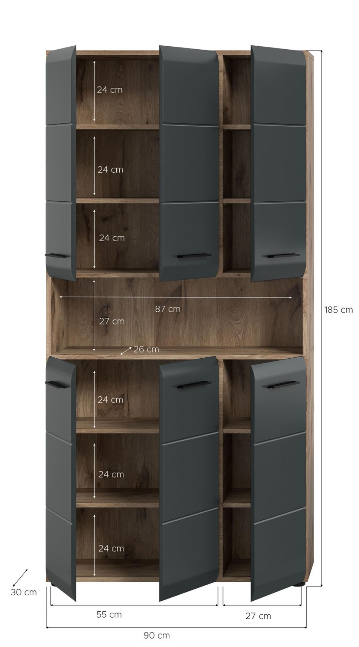 HOCHSCHRANK schwarz matt, Eiche, Badschrank Mehrzweckschrank 6-türig 90 x 185 cm - Eichefarben/Schwarz, Holzwerkstoff/Kunststoff (90/185/30cm) - Inn.Furn