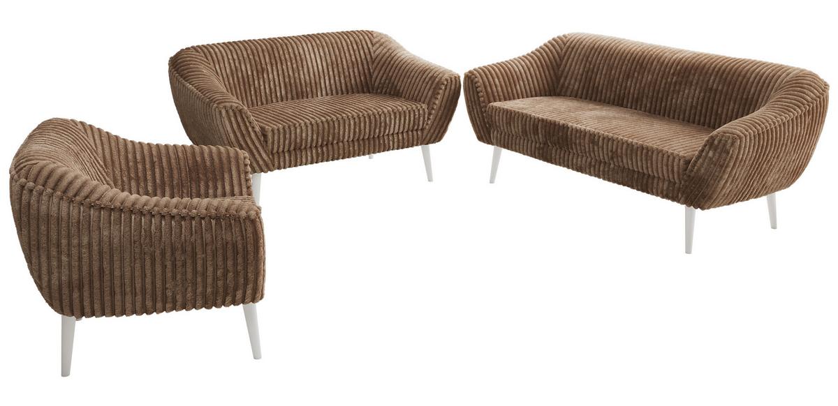 SITZGARNITUR PIRS 3+2+1 - Braun Cord - Weiße Beine - Braun/Weiß, Holzwerkstoff/Textil (180/75/74cm) - MKS