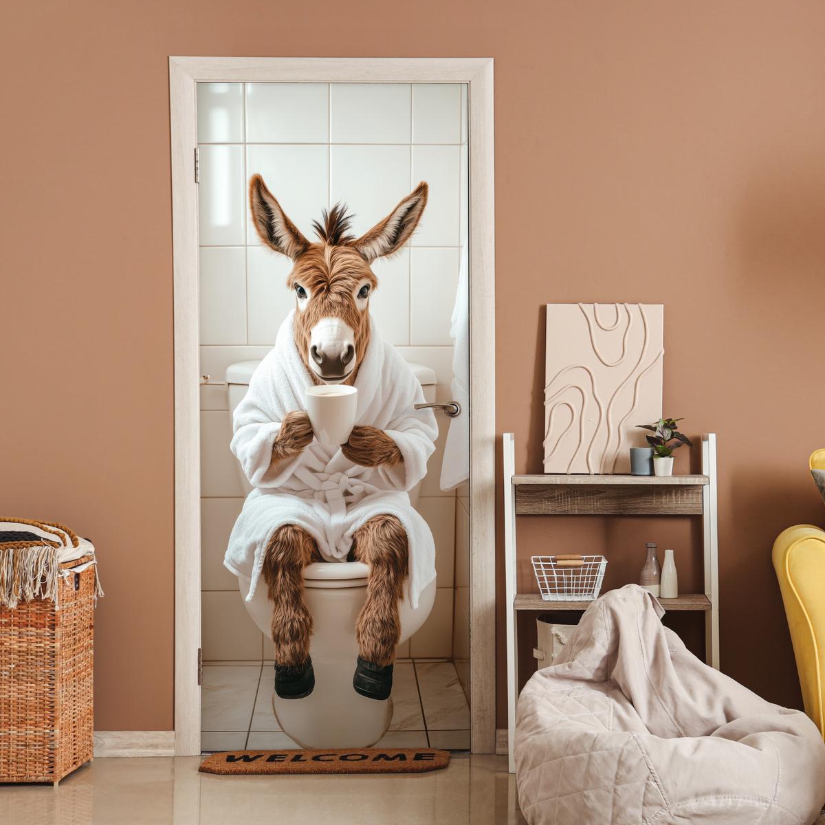 TÜRAUFKLEBER Esel - WC - Lustig - Bademantel - Tier Room Decor 85x205 cm - Türtapete - Beige, Kunststoff (85/0.1/205cm) - MuchoWow