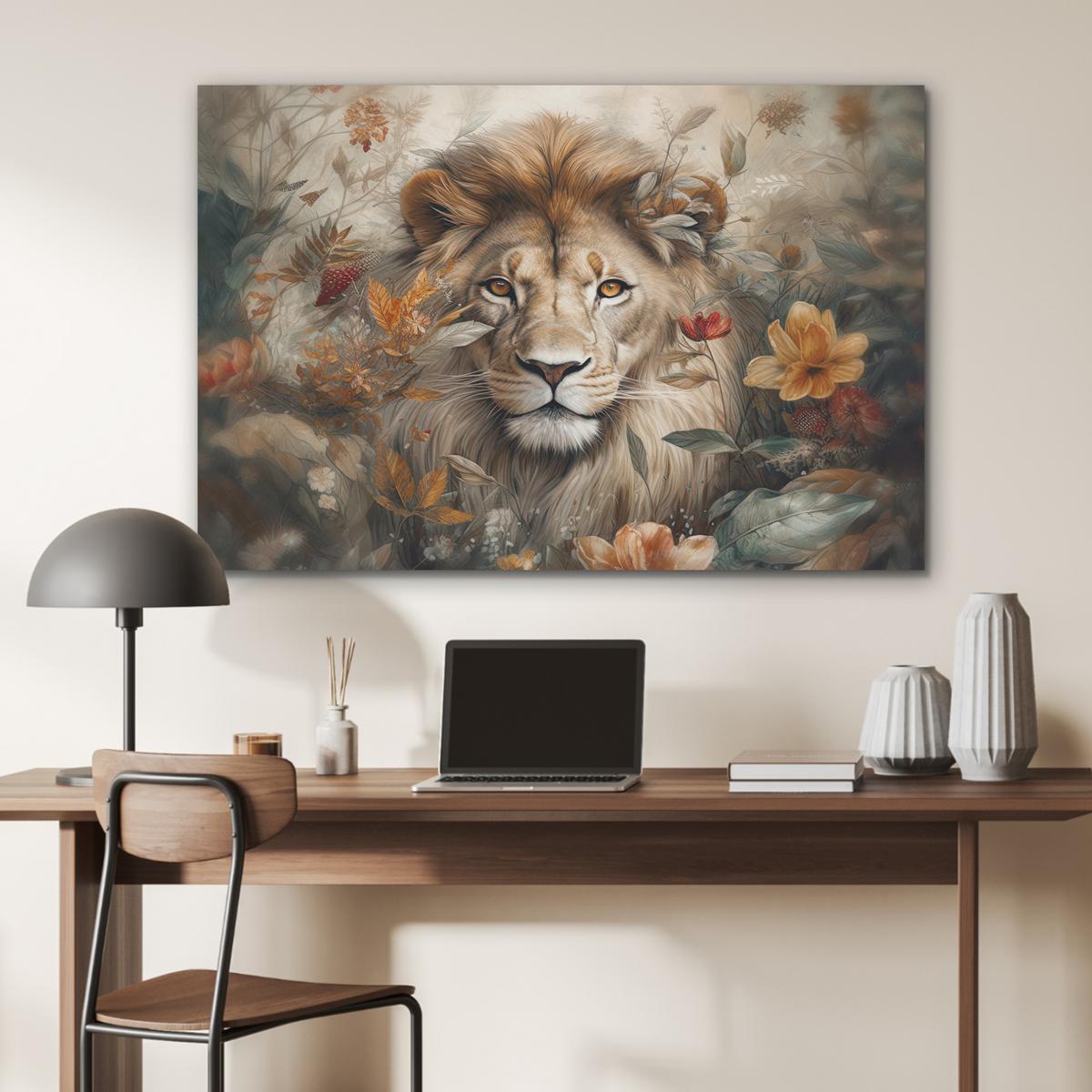 AKUSTIKBILD Löwe - Wildtiere - Pflanzen - Natur - Blumen Wandbild Wohnzimmer 100x70 cm - Beige, Kunststoff (100/70/0.9cm) - MuchoWow