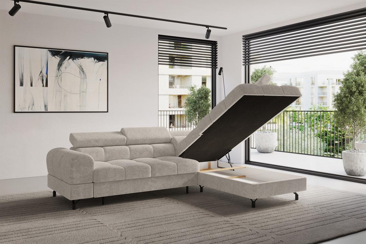 ECKSOFA mit Schlaffunktion Ottomane Rechts LUMA-L 272x203x70 Beige Velours - Beige/Schwarz, Holzwerkstoff/Kunststoff (203/272cm) - ALTDECOR