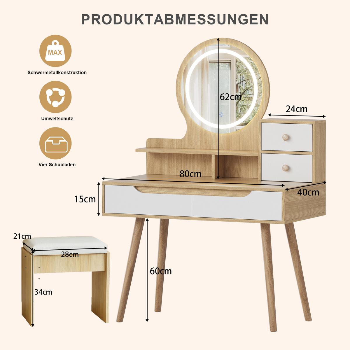 SCHMINKTISCH-SET in Holzoptik mit Weiß, LED-Spiegel, Hocker und 4 Schubladen - Naturfarben, Holzwerkstoff (80/135/40cm) - Urban Meuble