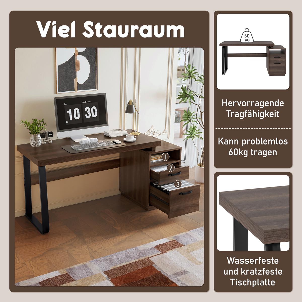 BÜROSCHREIBTISCH braun, Stahl, 3 Schubladen - Walnussfarben, Holzwerkstoff (54/161/76.4cm) - Urban Meuble