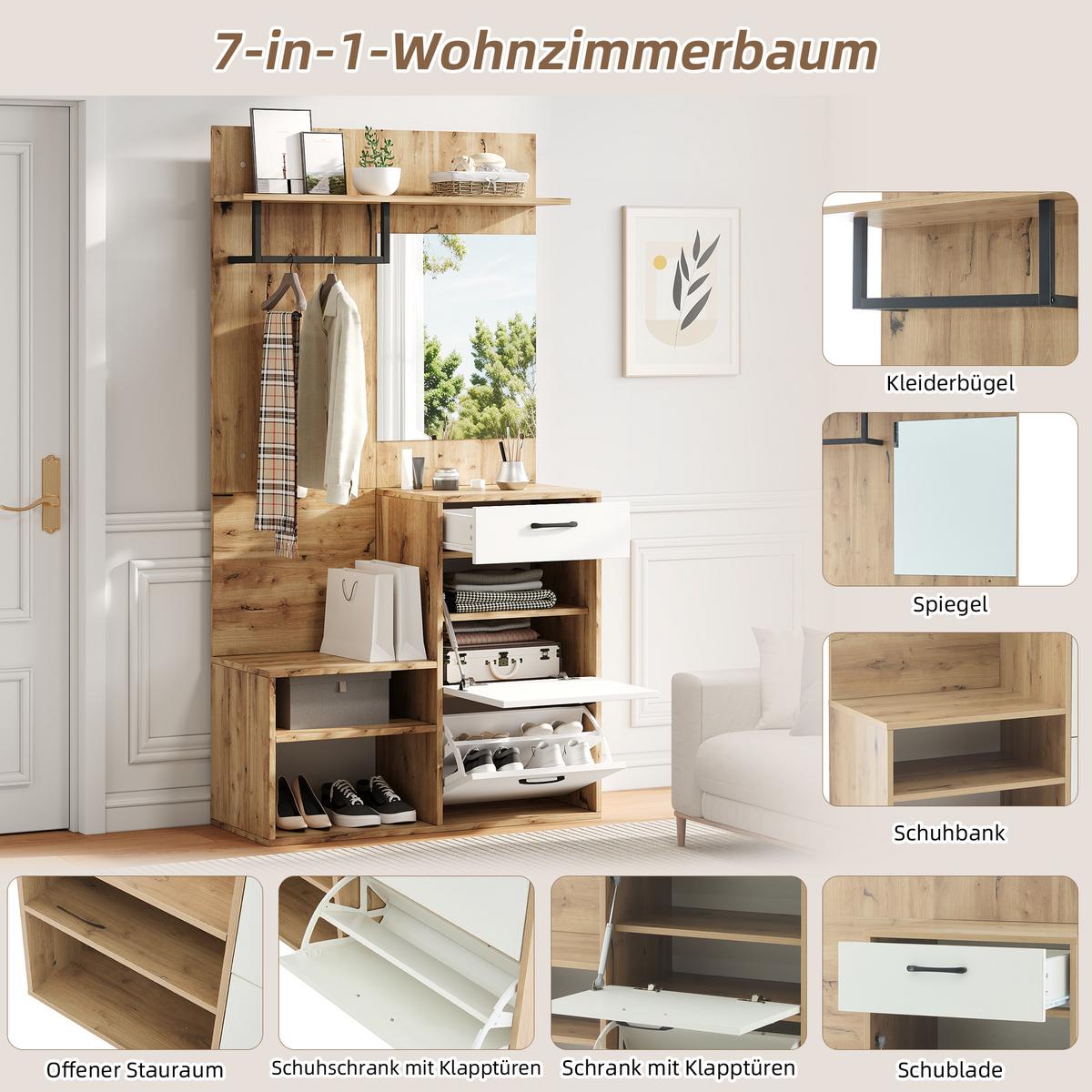 GARDEROBEN-SET 100 cm Weiß Hochglanz & Natur – Kompaktgarderobe mit Spiegel, Schuhbank & Klapptüren - Naturfarben, Holzwerkstoff (100/190/38.5cm) - Urban Meuble