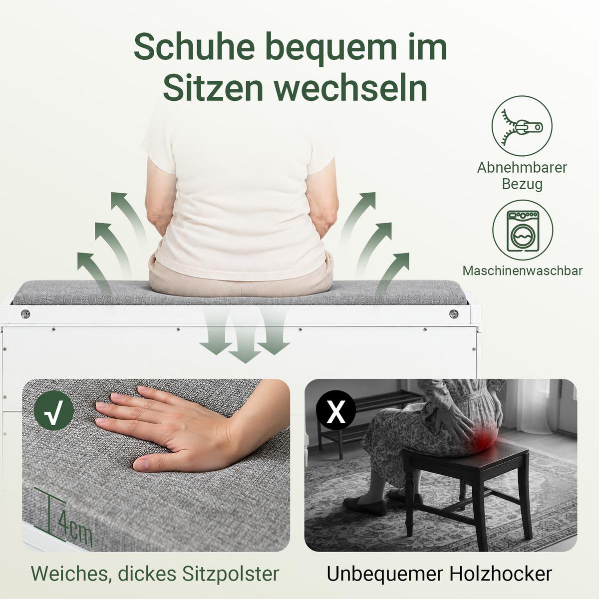 SCHUHBANK weiß, 80 x 45 x 26 cm, Sitzfläche bis 150 kg, 1 Klappe für 6 Paar bis EU 46, abnehmbares Sitzpolster - Weiß, Holzwerkstoff (80/45/26cm) - SoBuy