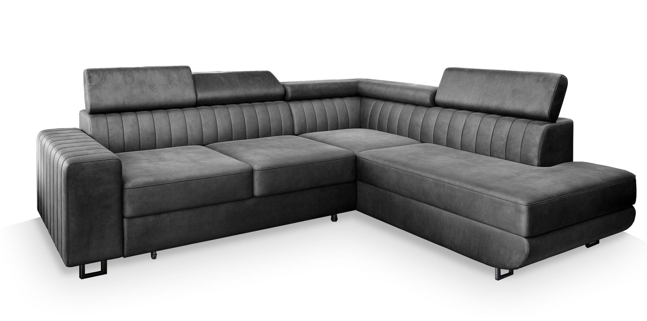 ECKSOFA NOLA R-S Grau Velours-Stoff mit Schlaffunktion - Silberfarben/Grau, Holz/Textil (253/190cm) - MASSENO