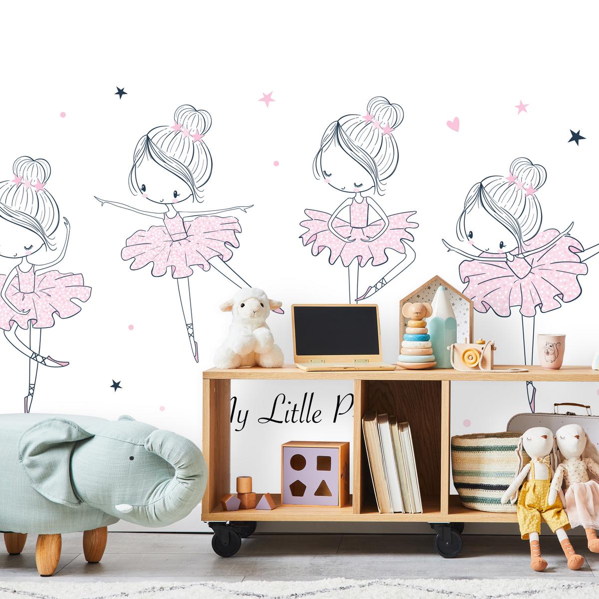 FOTOTAPETE für Kinderzimmer Kleine Ballerinen Tanzen Herzen Sterne 200x140 - Weiß, Papier (200/140cm) - Muralo