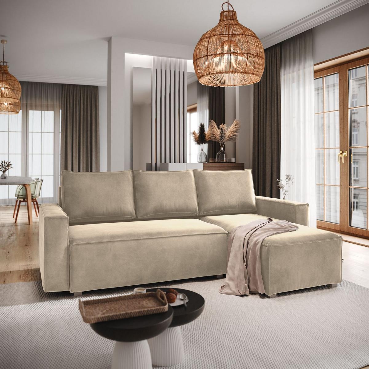 ECKSOFA SILES Creme Velours-Stoff mit Schlaffunktion - Creme/Grau, Holz/Kunststoff (230/140cm) - MASSENO