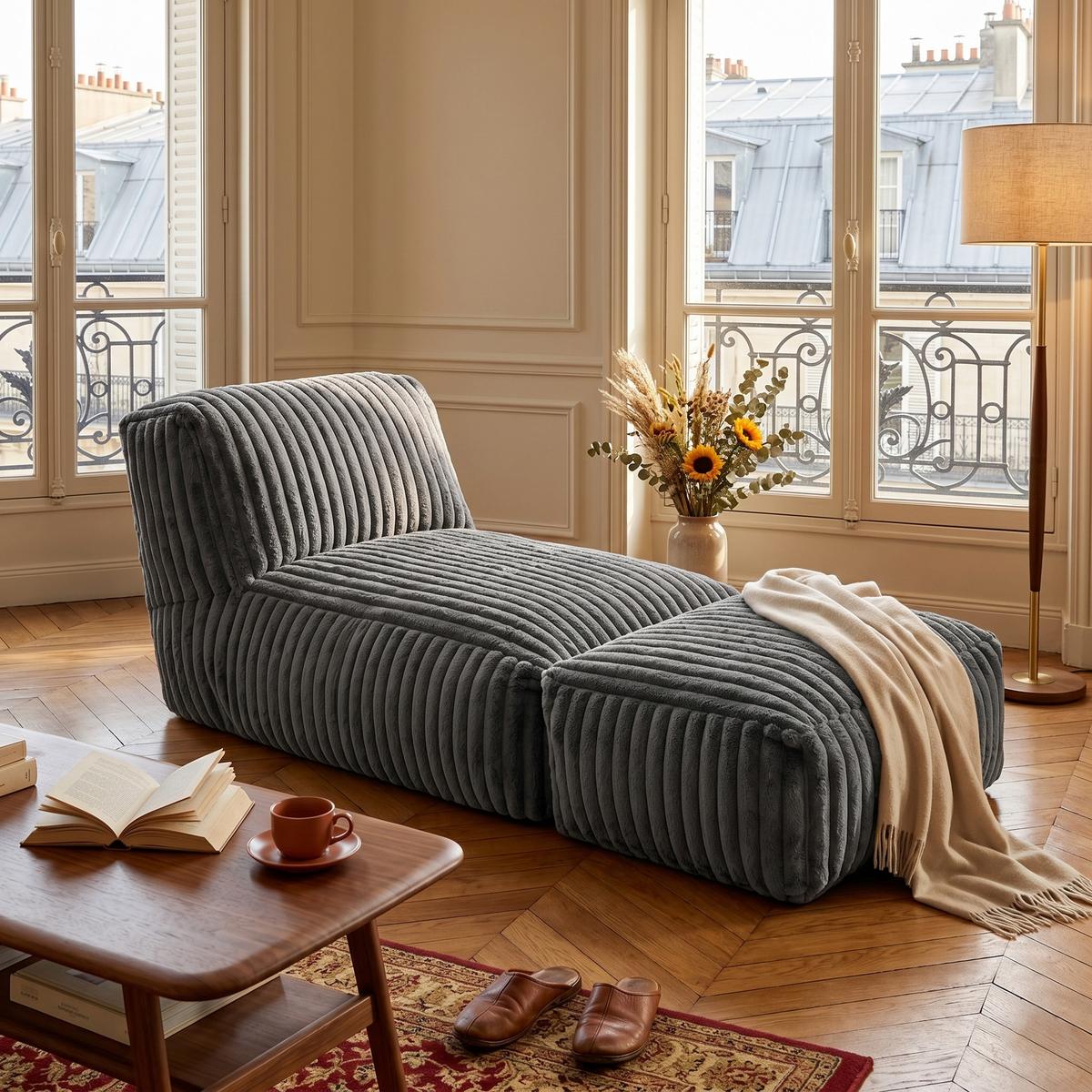 SESSEL MIT HOCKER aus Kordsamt modular und ergonomisch gepolstert - Dunkelgrau, Textil (160/66/80cm) - Urban Meuble