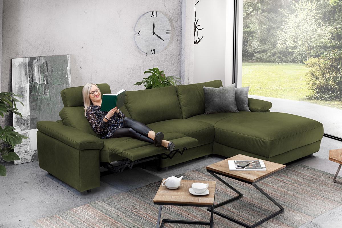 ECKSOFA XL MOTORISCHER RELAXFUNKTION LOLA Dunkelgrün Webstoff Relaxfunktion - Dunkelgrün/Schwarz, Textil (304/178cm) - KAWOLA