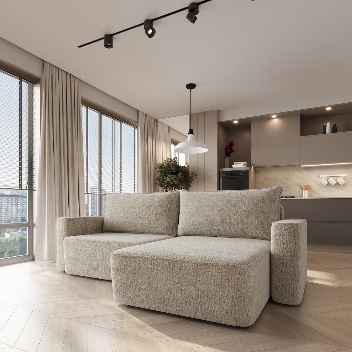 ECKSOFA BELISE BL Creme Chenille mit Schlaffunktion - Creme, Holz/Textil (252/162cm) - MASSENO