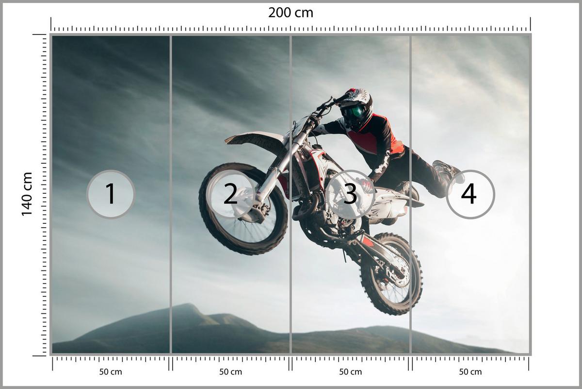 FOTOTAPETE für Jugendzimmer Motocross Sprung Mann Sport Berge Action 200x140 - Grau, Papier (200/140cm) - Muralo
