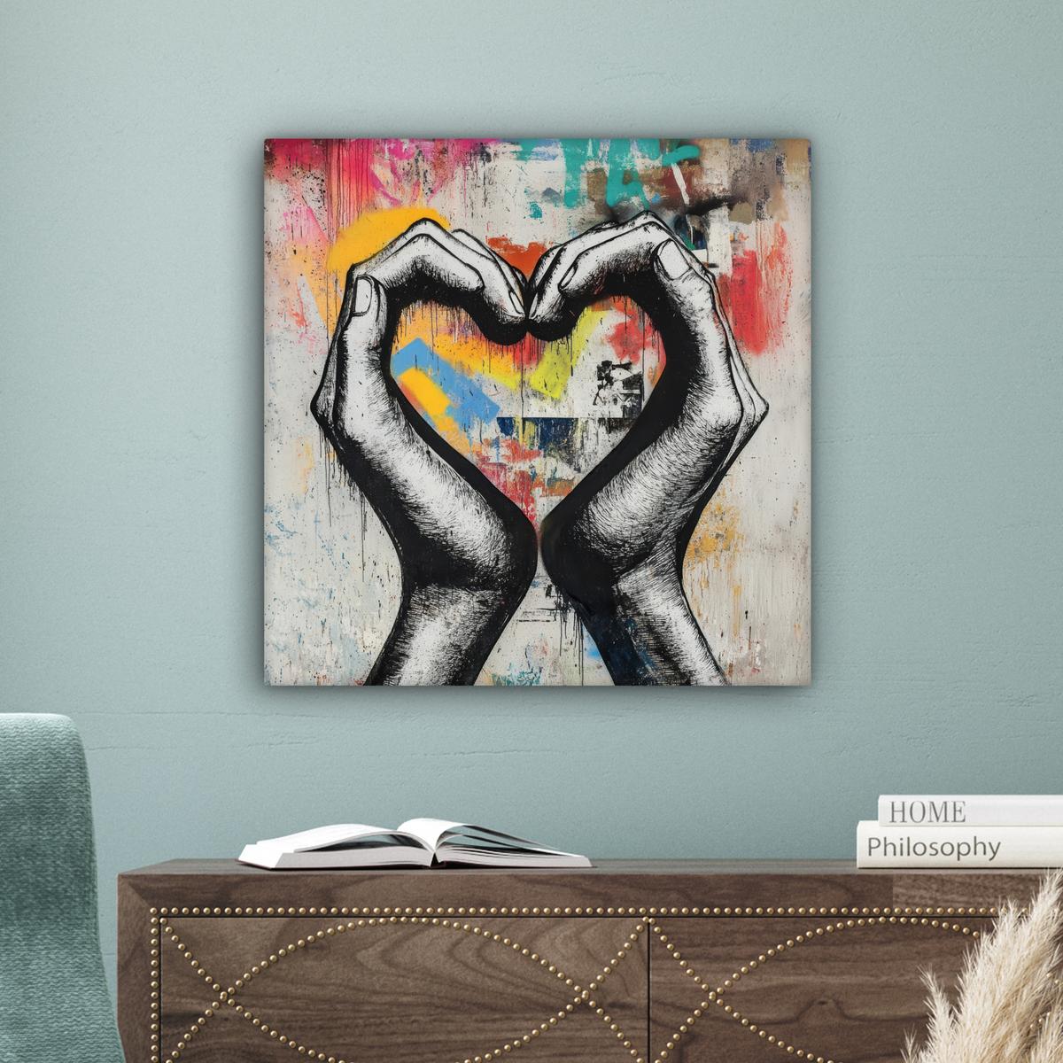LEINWANDBILD Hände - Herz - Straßenkunst - Graffiti Wandbild Wohnzimmer 50x50 cm - Multicolor, Textil (50/50cm) - MuchoWow