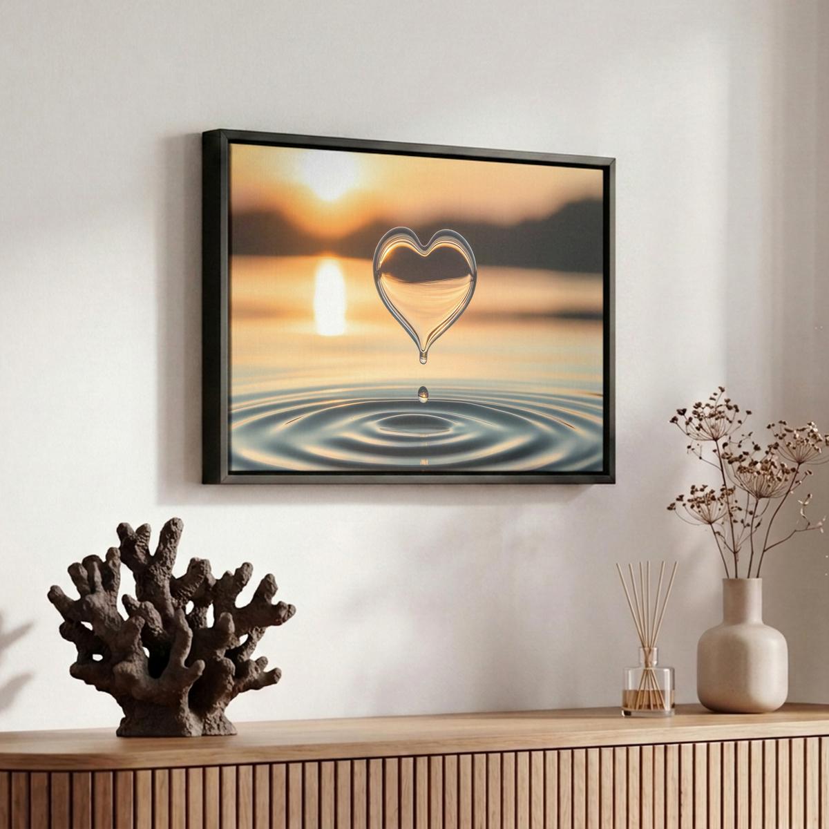 LEINWAND Bilder mit Rahmen - Herz - Wasser - Sonnenuntergang - Natur - Zen - 30x20 - Bernsteinfarben, Textil (30/20cm) - MuchoWow
