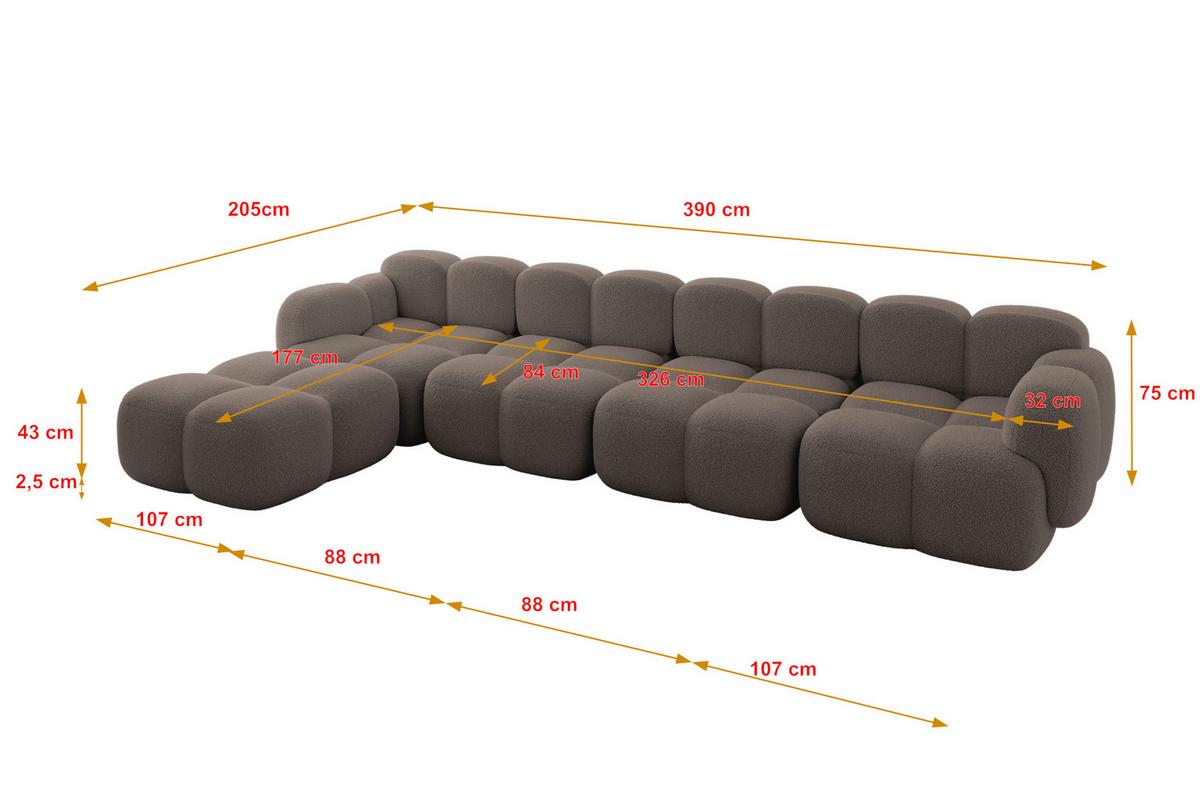 ECKSOFA modulares Sofa Links Miko-L3 390x205x75 Braun Bouclé - Dunkelbraun/Schwarz, Holzwerkstoff/Kunststoff (390/205cm) - ALTDECOR
