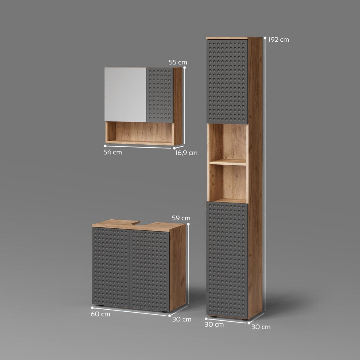 BADMÖBEL-SET Ronco Anthrazit gepunktet 3 Teile, mit Hochschrank - Anthrazit, Holzwerkstoff (80/58.6/41cm) - Livinity®