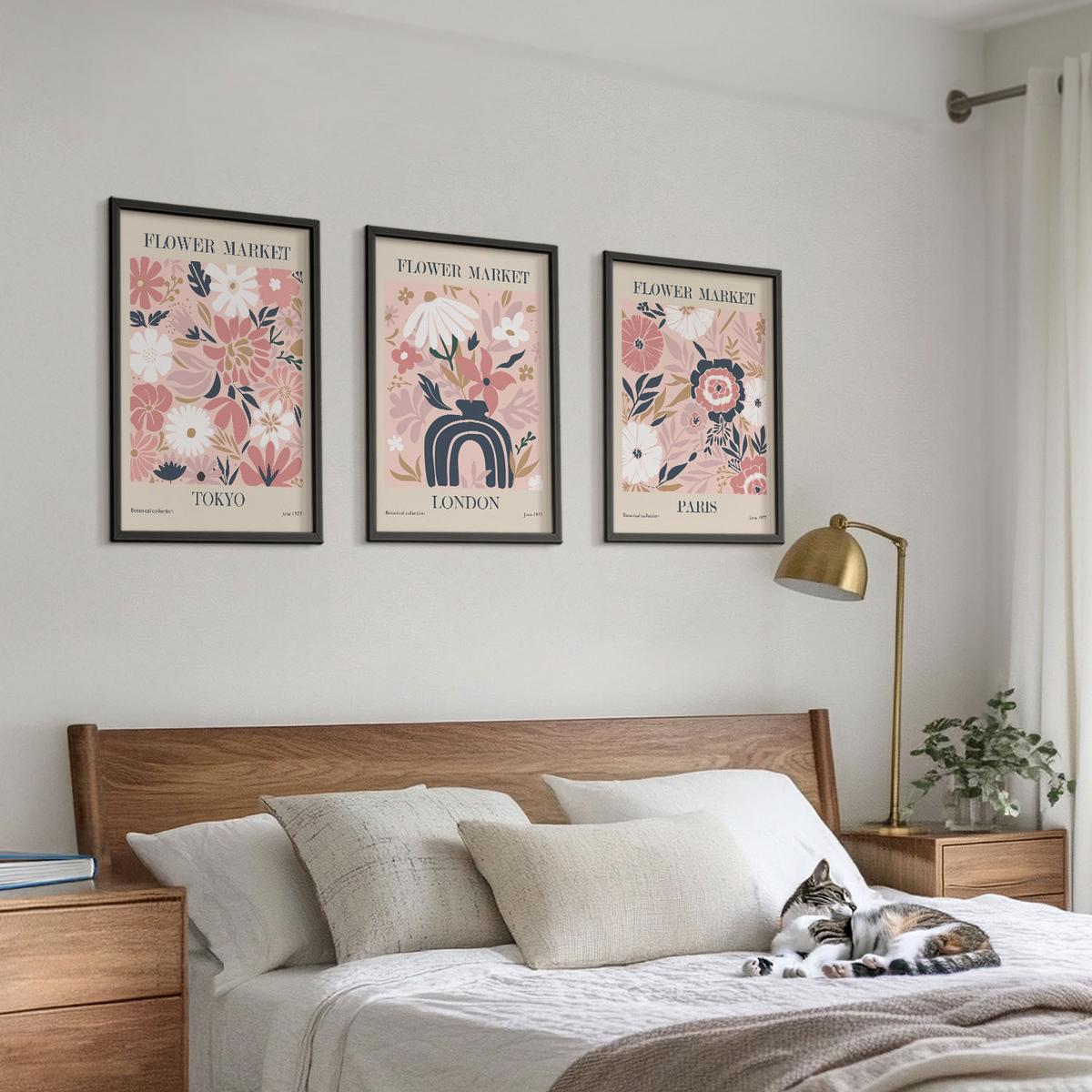 BILDER SET 3er Set - 40x60 cm Schwarzer Rahmen - Blumenmotive Tokio London Paris - Schwarz, Kunststoff (40/60cm) - TULUP