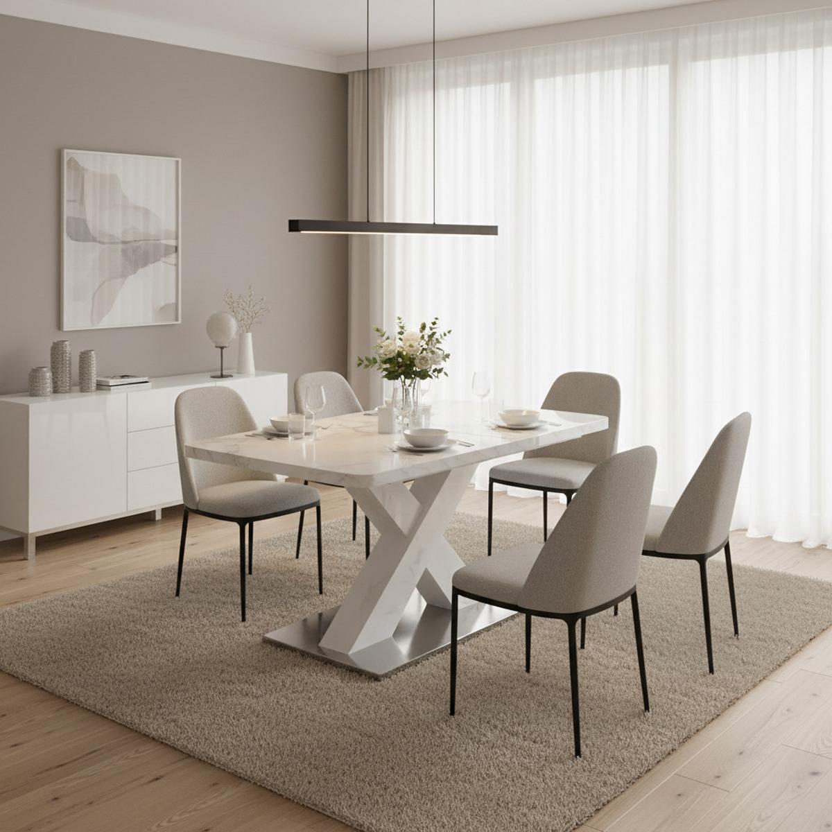 ESSTISCH AUSZIEHBARER Weiß Marmoroptik mit Ausziehfunktion & X-Gestell - Weiß, Holzwerkstoff/Metall (80/160/77cm) - Urban Meuble
