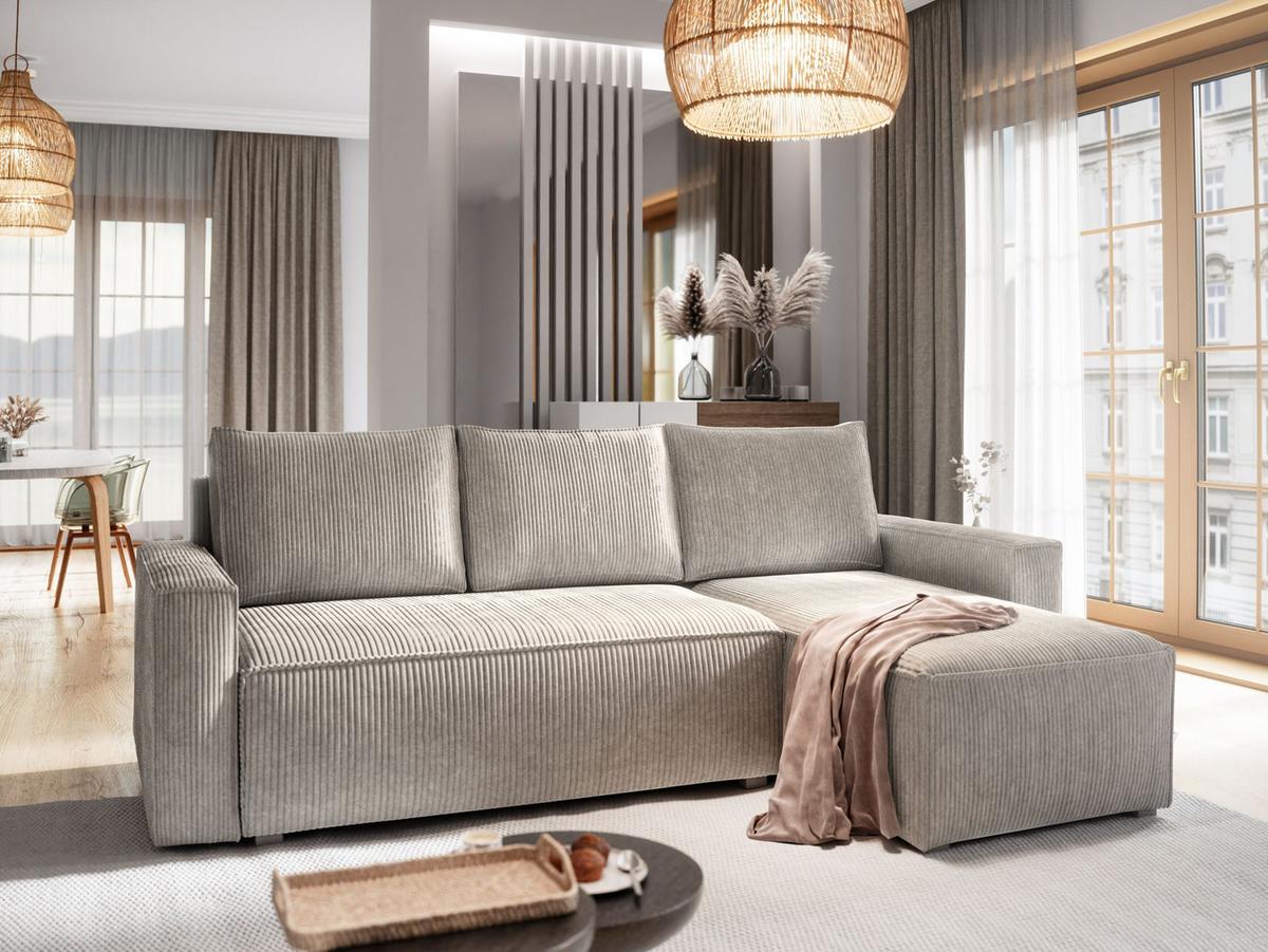 ECKSOFA POTARO Creme Kordstoff mit Schlaffunktion - Creme/Grau, Holz/Kunststoff (232/140cm) - MASSENO