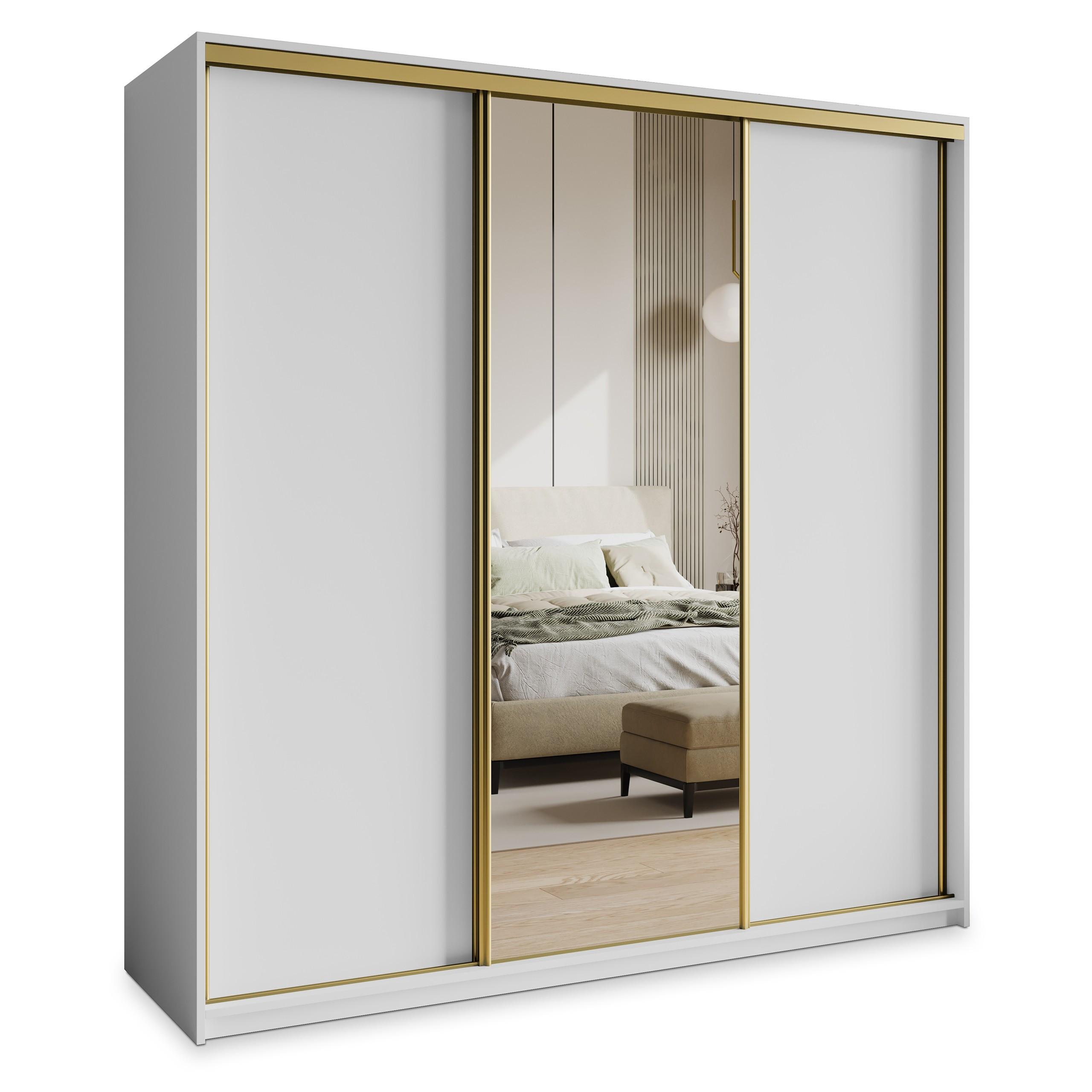 SCHWEBETÜRENSCHRANK TAVI 180/205/60 cm 3-türig mit Spiegel und Schubladen Weiß - Goldfarben/Weiß, Holzwerkstoff (180/205/60cm) - MASSENO