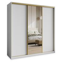 SCHWEBETÜRENSCHRANK TAVI 180/205/60 cm 3-türig mit Spiegel und Schubladen Weiß - Goldfarben/Weiß, Holzwerkstoff (180/205/60cm) - MASSENO