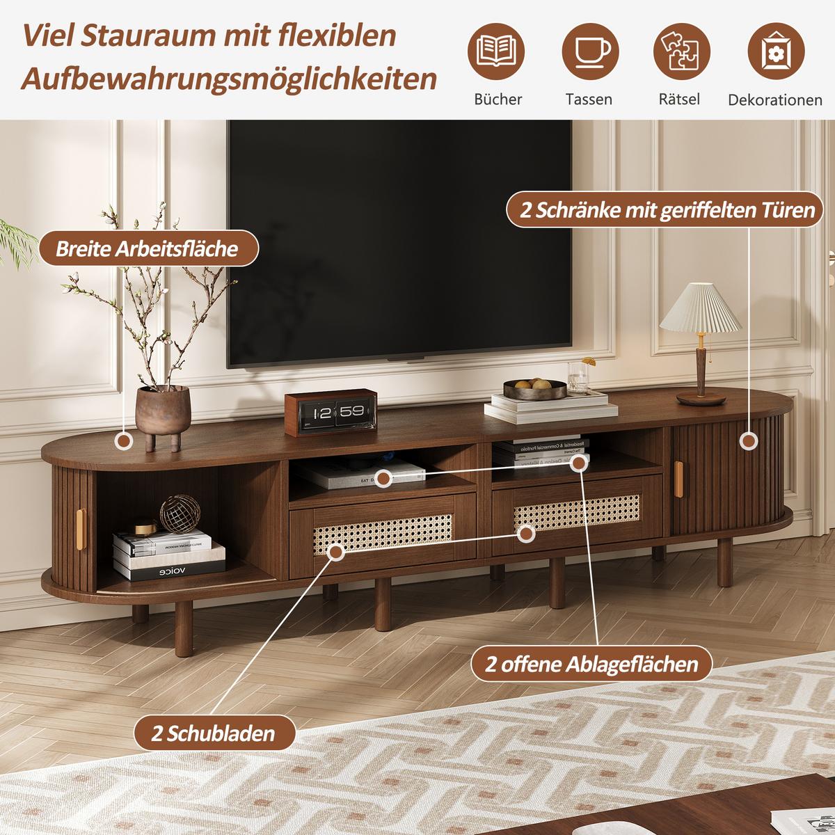 TV-LOWBOARD nussbaum-optik & rattan 170 cm oval mit 8 füßen - Alteiche, Holzwerkstoff (170/40/40cm) - Urban Meuble