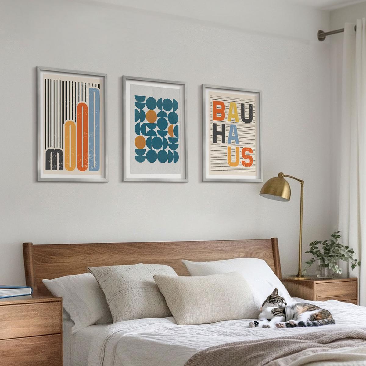 BILDER SET 3er Set - 40x60 cm Silberner Rahmen - Geometrische Muster im Bauhaus-Stil - Silberfarben, Kunststoff (40/60cm) - TULUP