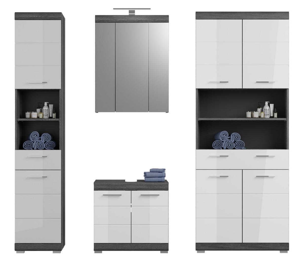 BADMÖBEL-SET weiß Hochglanz, grau 4-teilig 186 cm, Komplettset mit 23 Fächern - Weiß Hochglanz/Grau, Holzwerkstoff (186/191/34cm) - Inn.Furn