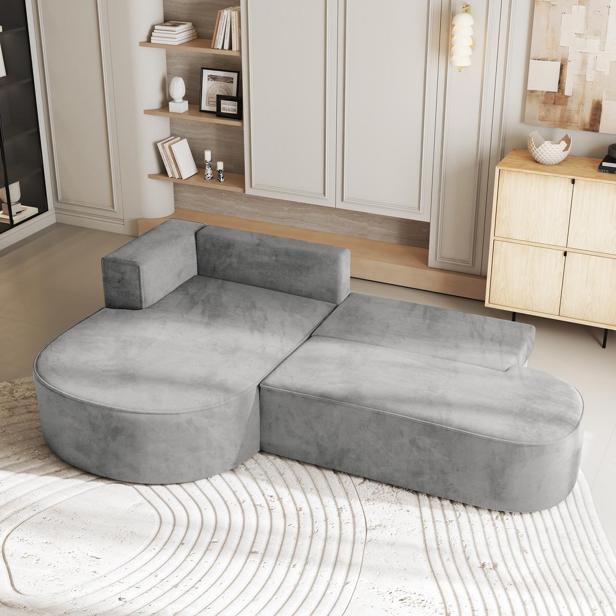 ECKSOFA CORTIO M L-S Hellgrau Velours-Stoff mit Schlaffunktion - Hellgrau/Grau, Holz/Kunststoff (265/174cm) - MASSENO