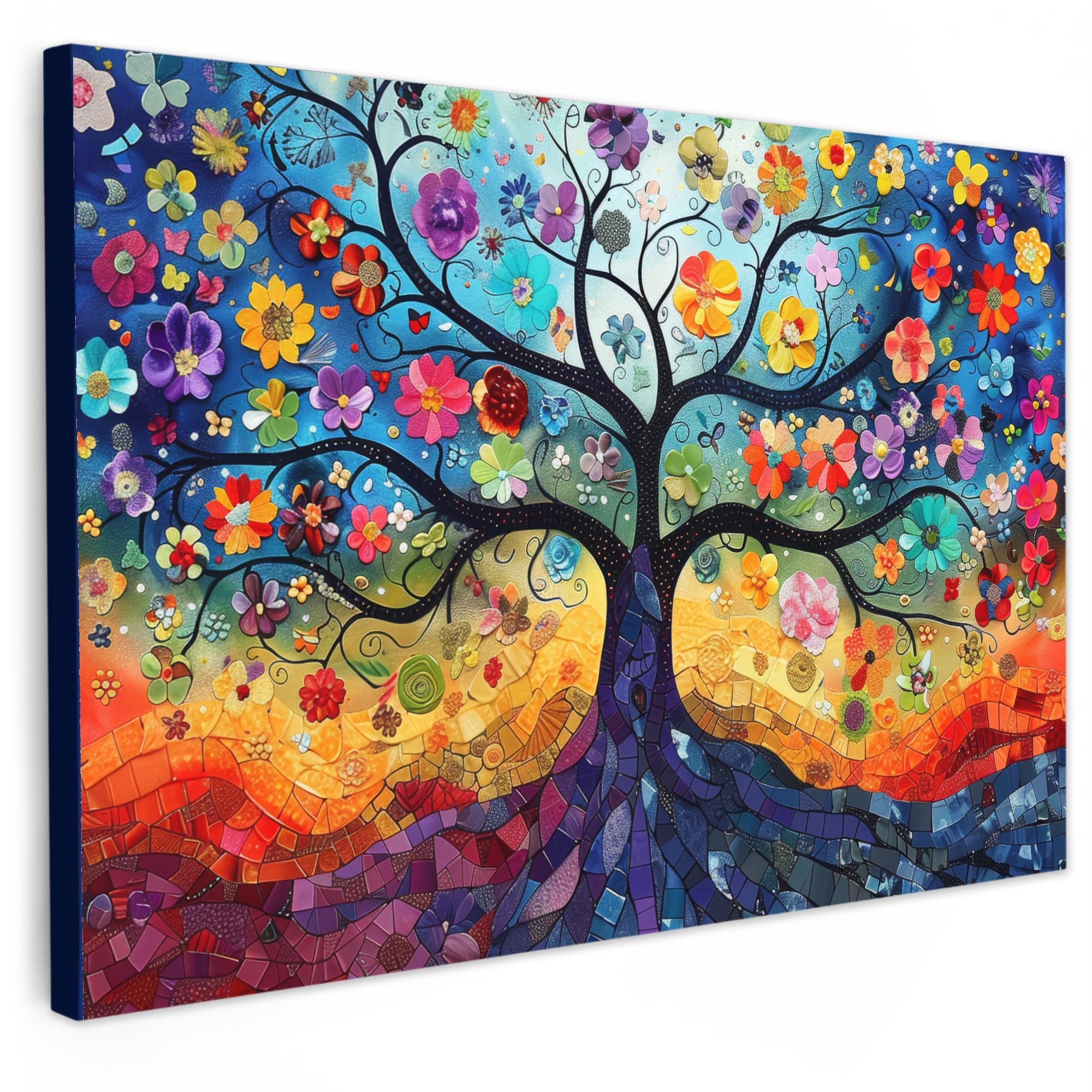 LEINWANDBILD Kunst - Baum des Lebens - Blumen - Hippie Wanddeko 90x60 cm - Dunkelblau, Textil (90/60cm) - MuchoWow