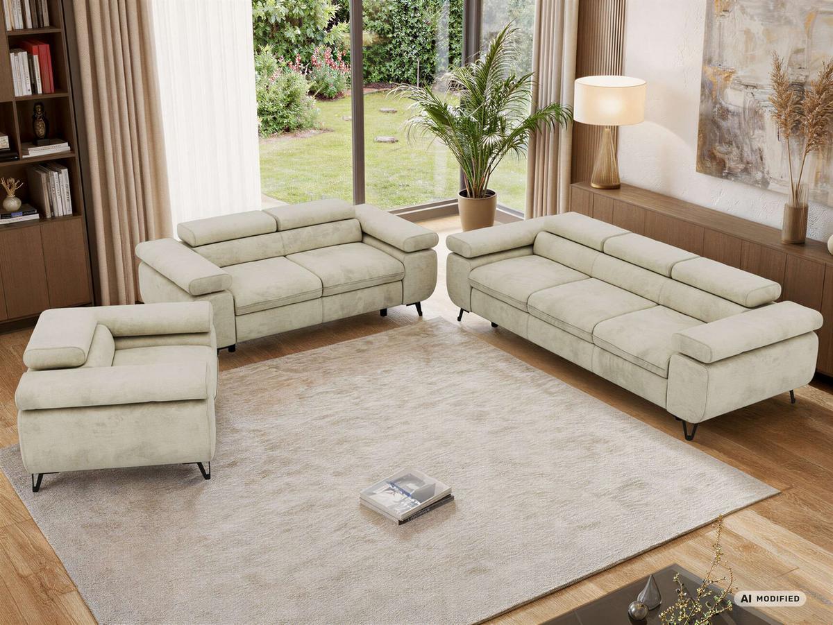 SITZGARNITUR PETER 1+2+3 - Beige Velvet - Beige/Schwarz, Textil/Metall (262/76/99cm) - MKS