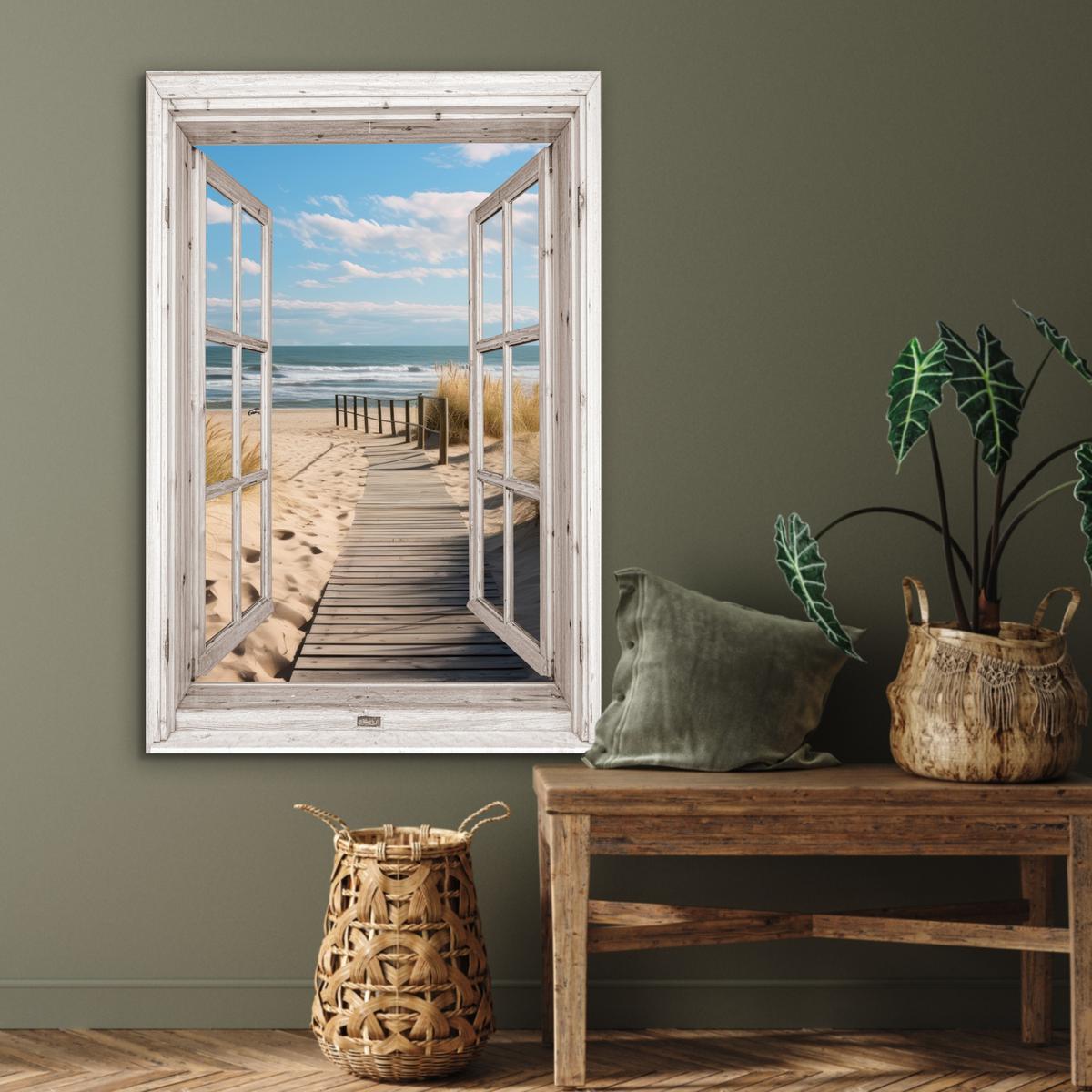 METALLBILD Fenster - Meer - Küste - Natur - Ausblick - Strand - Wattenmeer 80x120 cm - Beige, Metall (80/120cm) - MuchoWow